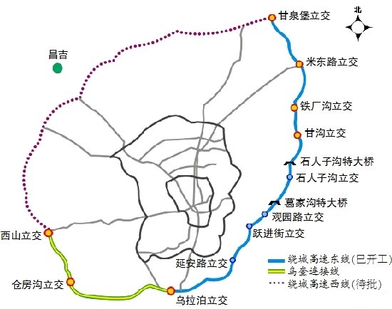 图为乌奎连接线从乌拉泊立交(g216a 3585公里)至乌奎高速西山立交桥(g
