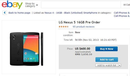 16GB无锁版Nexus 5再一次出现在了eBay的预售页面上(图片截取自eBay)