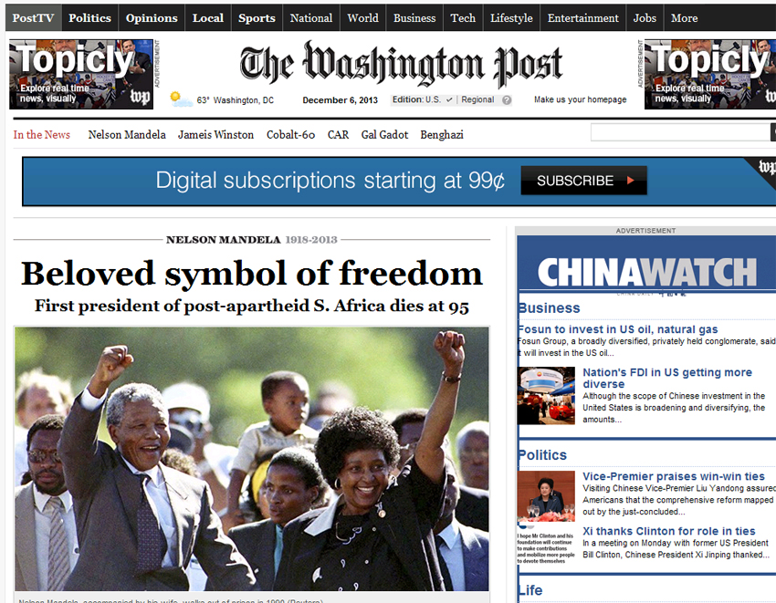 美国福克斯新闻网:反种族隔离的人权偶像去世