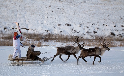 图文:索契冬奥会火炬的非凡之旅 乘雪橇传递