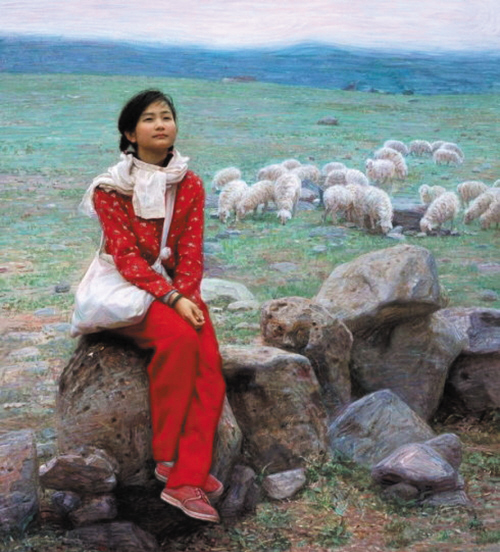 阴山脚下草茵茵,牧羊少女著红装   坐在石上望远方,白云深处是家乡
