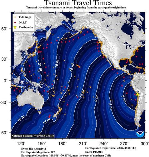智利西部沿海北京时间4月2日7时46分发生8.2级地震，引发2米高海啸。此为美国国家海洋和大气管理局发布的海啸传播时间预测图。