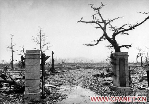    1945年10月，广岛一片废墟，只有一颗枯树和大门的水泥门柱没有倒下。Bernard Hoffman 摄 