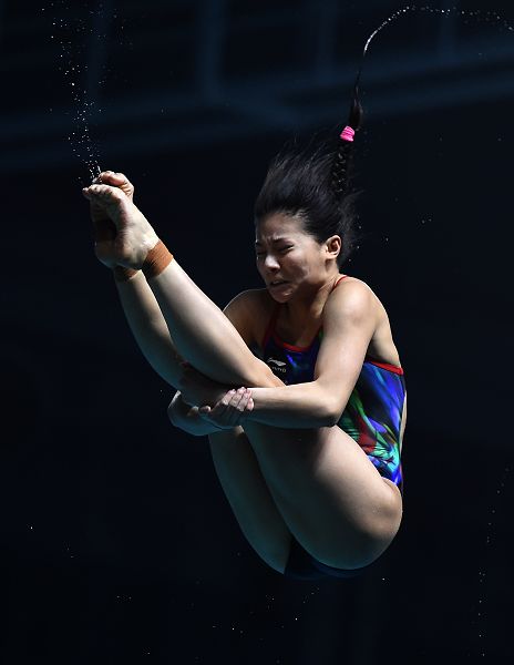 图文:2015全国跳水冠军赛 何姿头发直立