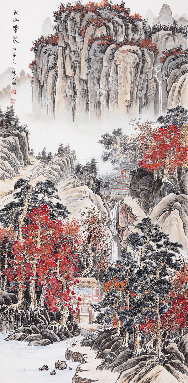 易从山水画场景效果图张天成老师的这幅秋山乡泉,描绘了我国北方秋天