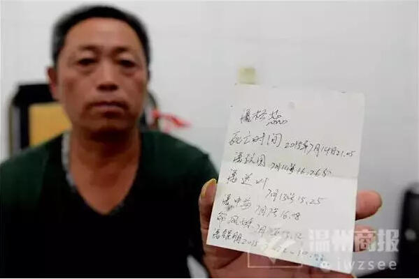 潘统丰手里拿着的尸体鉴别卡上写满了至亲的名字和去世的时间。