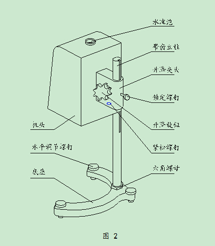 4,把粘度計機頭的升降夾頭裝在立柱上(見圖2所示),旋動升降旋鈕,使