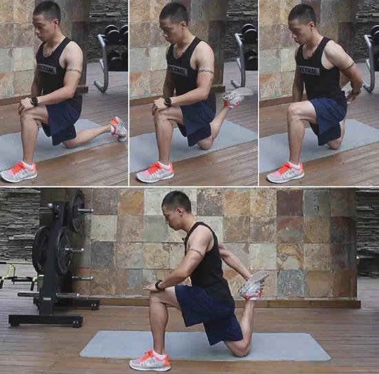 变换小腿拉伸的方向可以帮助我们拉伸到大腿前侧不同位置的肌肉