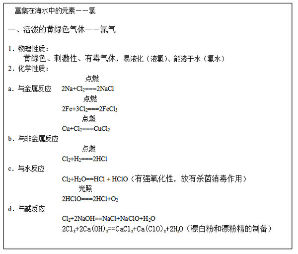 中的元素氯——板書設計[閱讀思考4]工業上製取漂白液的反應方程式是