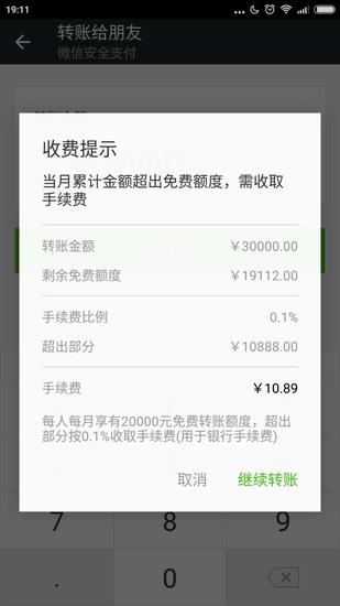 換句話說,今後使用微信轉賬50000元,實際支付金額為50030元,20000