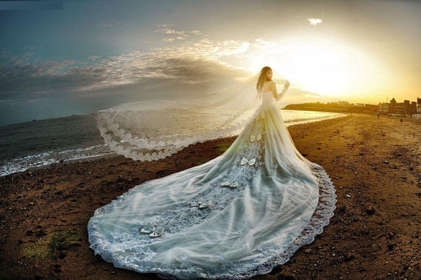海边背影女婚纱图片