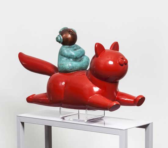 44 èŮred cat with girl 65x105x35cm copperhandmade&lacquer 2013