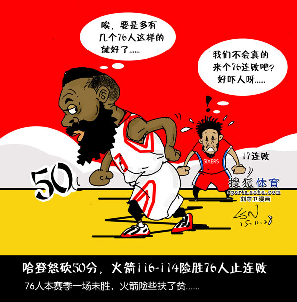 nba漫画:哈登怒砍50分 火箭止连败送76人进深渊