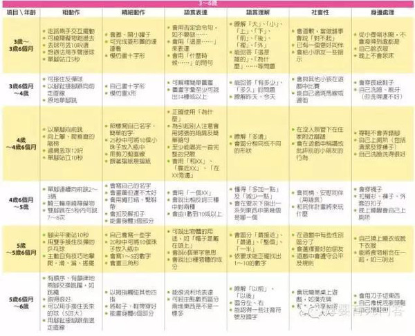 通常在表中會有身體動作,認知,語言,社會情緒和自理能力等項目