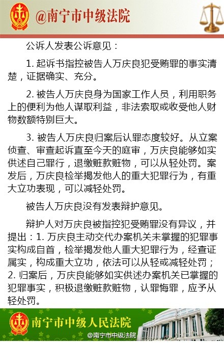 万庆良受贿案庭审播报#审判长宣布法庭调查结束,开始法庭辩论.