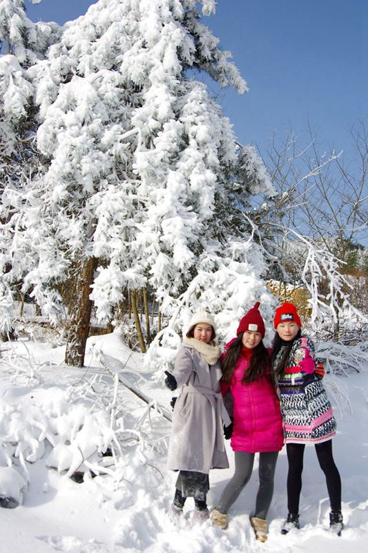 美女游客大别山遇雪凇疯狂嬉雪自拍(组图)