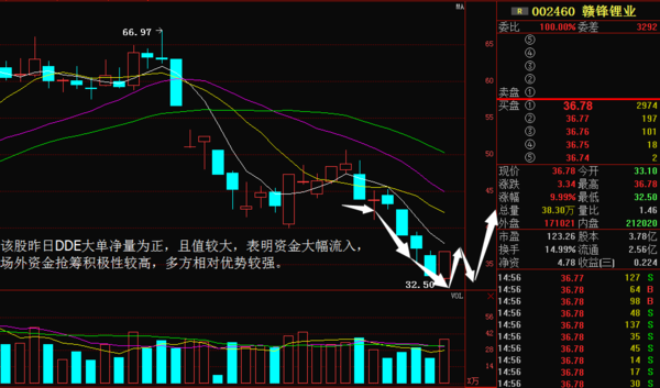 贛鋒鋰業昨日dde大單淨量為正,且值較大,表明資金大幅流入,場外資金