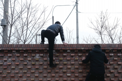 何润(左)和侦查员翻墙进入顺义一处林场展开调查。