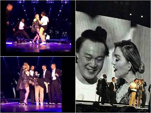 陈奕迅和麦当娜一起在舞台上玩得很疯,大方翘起屁股任对方打