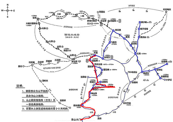 第三日,攀登天都峰路線圖.紅色路線為本人行走的實際路線.