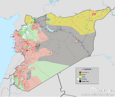 从此，政府势力控制下的卡米什利（东北一点红）被库尔德控制区（黄色）的汪洋大海团团包围。