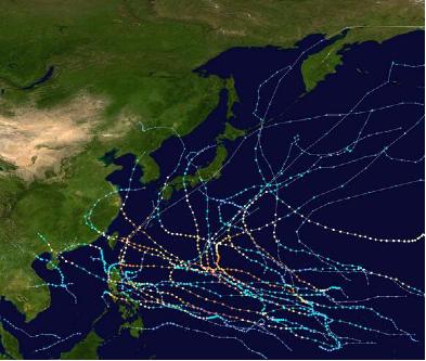 2015年太平洋台风季台风路径图，黄岩岛可谓是南路台风的必经之地