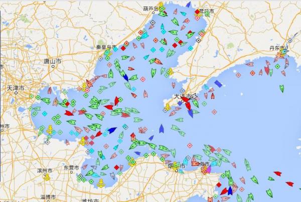 2016年5月8日14時渤海灣各類船舶位置實時圖