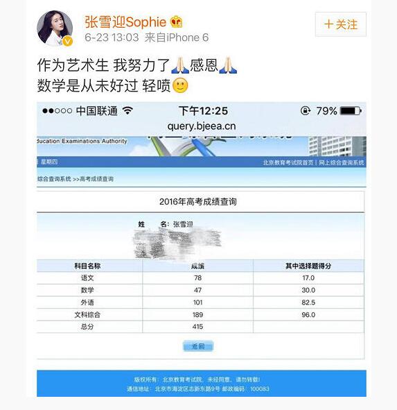 张雪迎高考成绩单