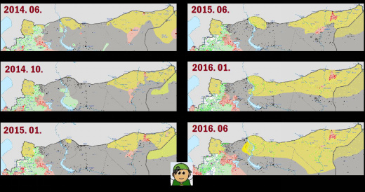 叙利亚库尔德区（黄色）从2014年6月“伊斯兰国”大举进攻开始到现在的变化（黑色IS，绿色反对派，红色叙政府区）