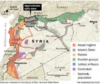 绿色-库尔德，黑色-IS，橙色-反对派，棕红色-叙利亚政府控制区。IS与土耳其接壤的“土耳其走廊”是其主要给养线