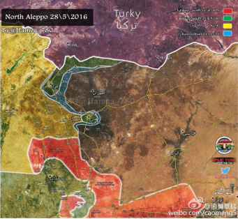 尽管有了美军空袭和土耳其火炮支持，阿勒颇北部土叙边境“自由军”（绿色）还是差点被IS消灭