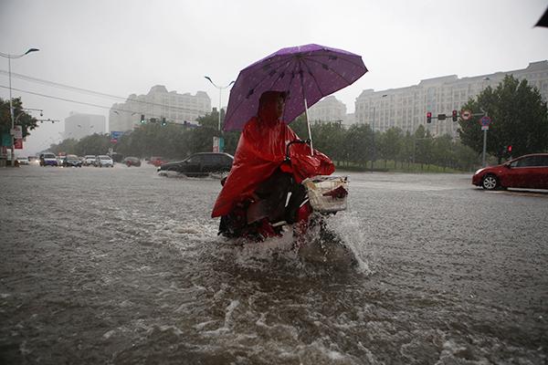 2016年7月20日，北京大兴高米店，一位市民骑着电动车在雨中前行。 澎湃新闻记者 权义 图