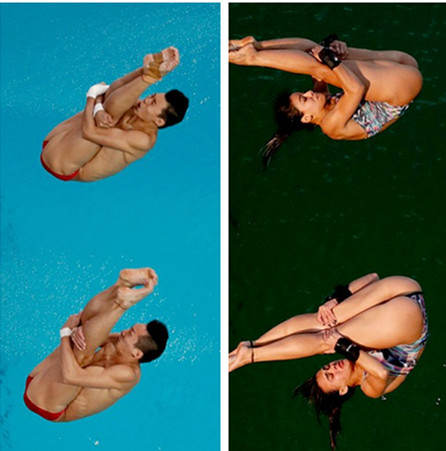 左边,是周一中国选手在参加男子双人10米台跳水决赛时的池水颜色,右边是周二巴西选手在竞争在女子双人10米台跳水冠军时的颜色。可以看到池水的变化非常明显。