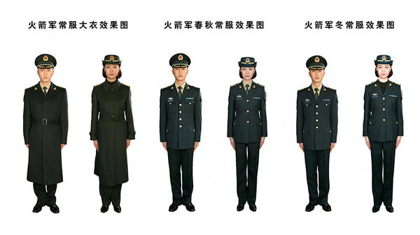 火箭军礼(常)服颜色采用墨绿色搭配卡其色,礼服,春秋常服,冬常服