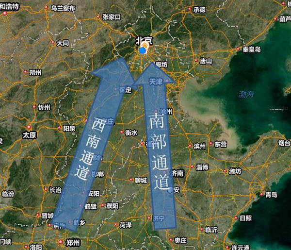 研究表明,在跨界输送贡献中,主导上风向、相邻排放较大城市和省份的输送影响显著。这次西红门“滚滚而来”的大气污染情景,是在特殊气象条件下(主要在大的冷空气过程之后),偏北风南下和偏南风北上相互夹击,在偏南风气团中存在较强的贴地逆温层,就会积累形成像墙一样的污染团,有明显的分界线,上面蓝天白云,下面是重污染。当南风逐渐增强时,污染团会在南风的驱动下往北挺进。