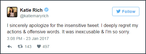23日,她再度启用账户,并且发布道歉。她称,“我诚恳地为我之前考虑欠周的推特道歉,对我的冒犯言辞和行为感到遗憾。这是不可原谅的错误,对不起”。