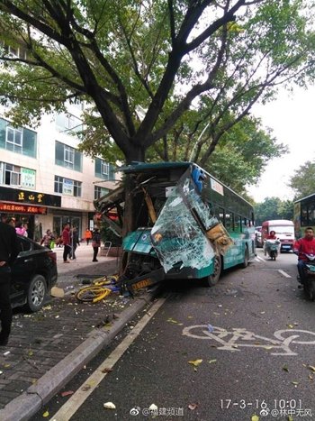 新京报快讯(记者 赵凯迪)据福州市交通运输委员会官方微博消息，今日(16日)上午10时左右，该市一辆公交车为避让车辆，撞到路旁的树上，致16人受伤。
