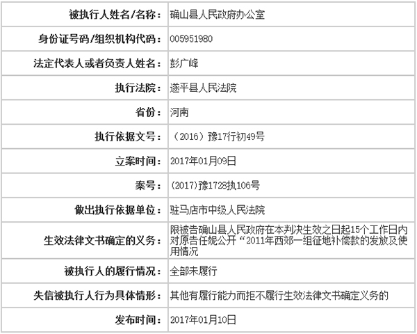 确山县政府拒不公开征地款去向被纳入全国失信被执行人名单。 本文图片均为央广网 图