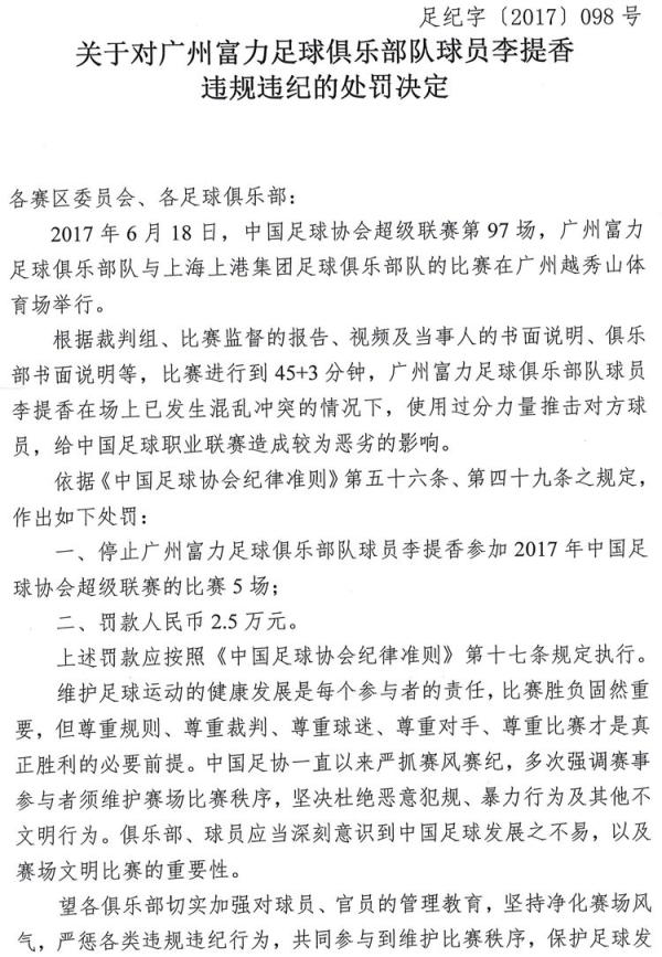 李提香处罚通知。